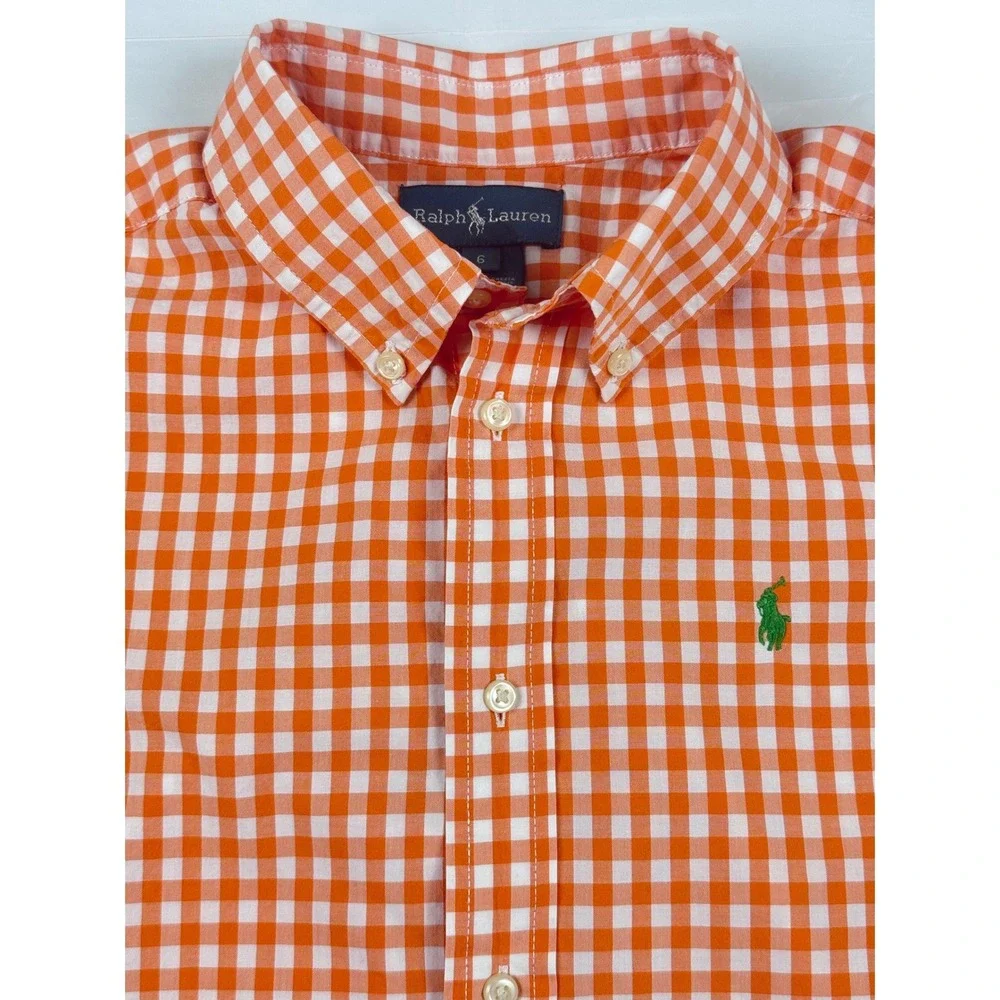 Ralph Lauren Boys Orange White Gingham Short Sleeve Button Down Shirt Size 6
